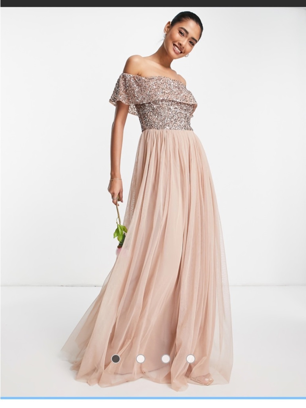 Sequin Off-Shoulder Evening Gown in Blush